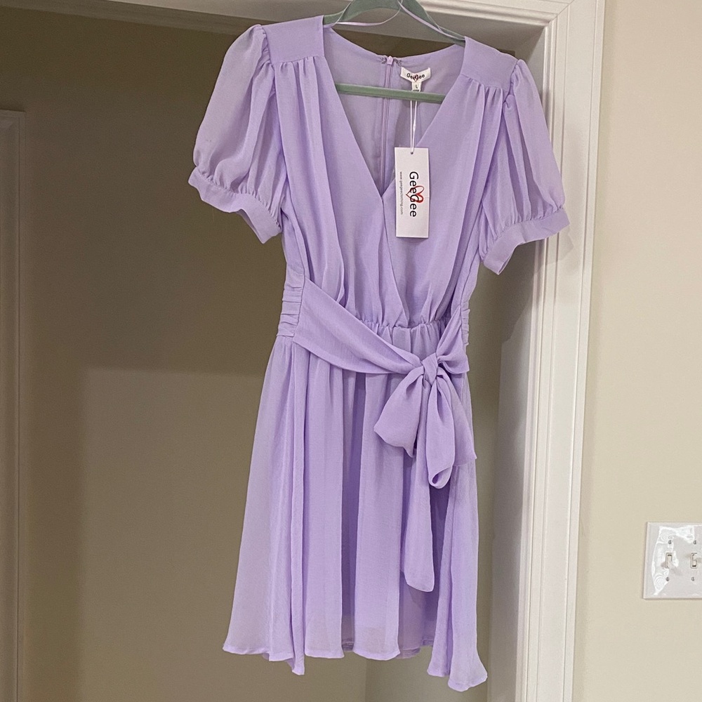 GeeGee Lilac NWT Puff Sleeve Mini Pretty Flowy Dress Waist Tie - Sz L runs small
